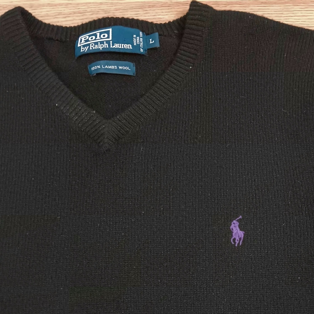 Polo Ralph Lauren XL Men's Large V-Neck Black Sweater Lambswool Classic Preppy - Picture 3 of 7